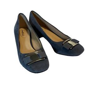 Trotters Louise Gray Suede Gold Bow Round Toe Chunky Heel 7m